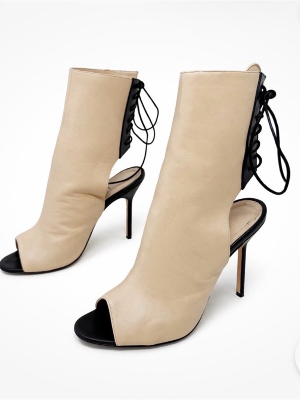Manolo Blahnik Beige and Black Open-Toe Lace-Back Stiletto Booties